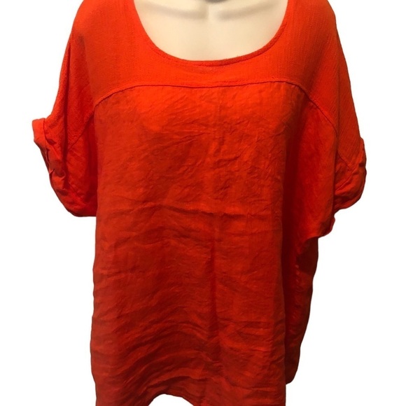 Bella Umbra 100% Linen Lagenlook Tunic Top Size 2X Orange Rolled Short Sleeve - Picture 2 of 6